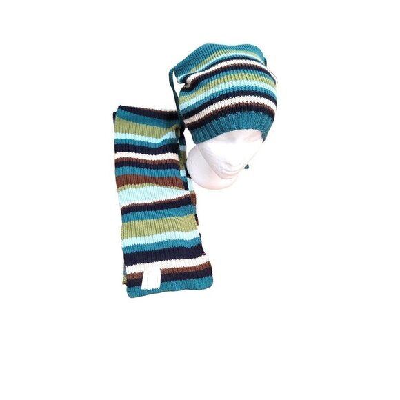 Charter Club Striped Knit Hat & Scarf Set Teal/Green/Brown One Size Acrylic/Cott - Picture 2 of 6